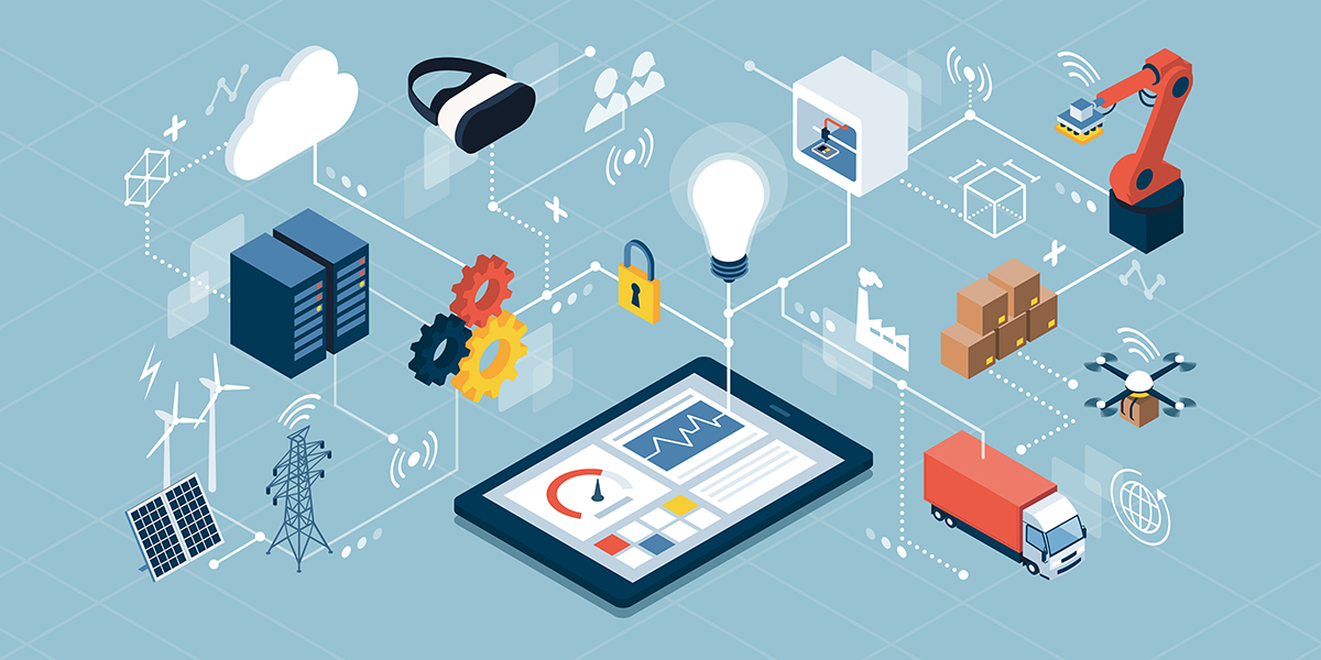 illustrated graphic of numerous tech devices communicating with each other